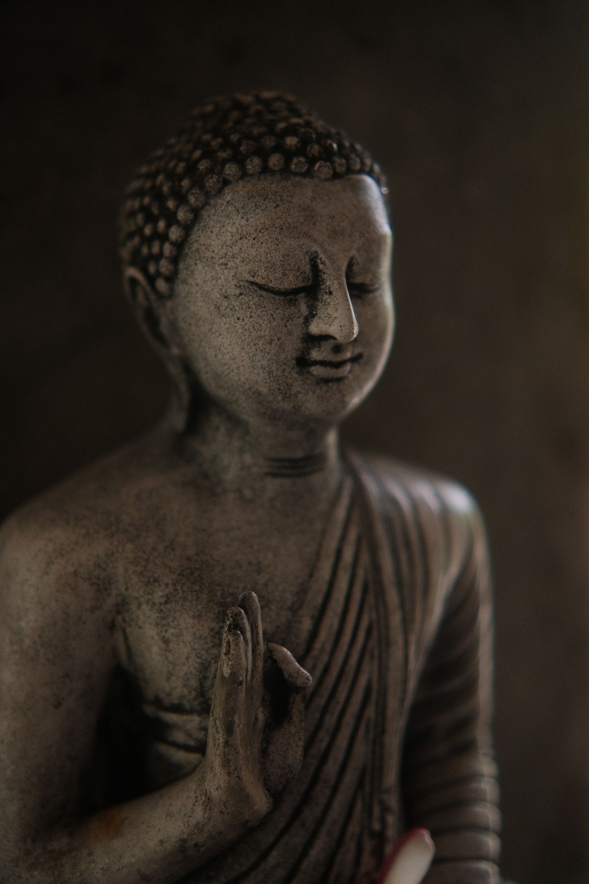 Stone Buddha statue in soft light, hand raised