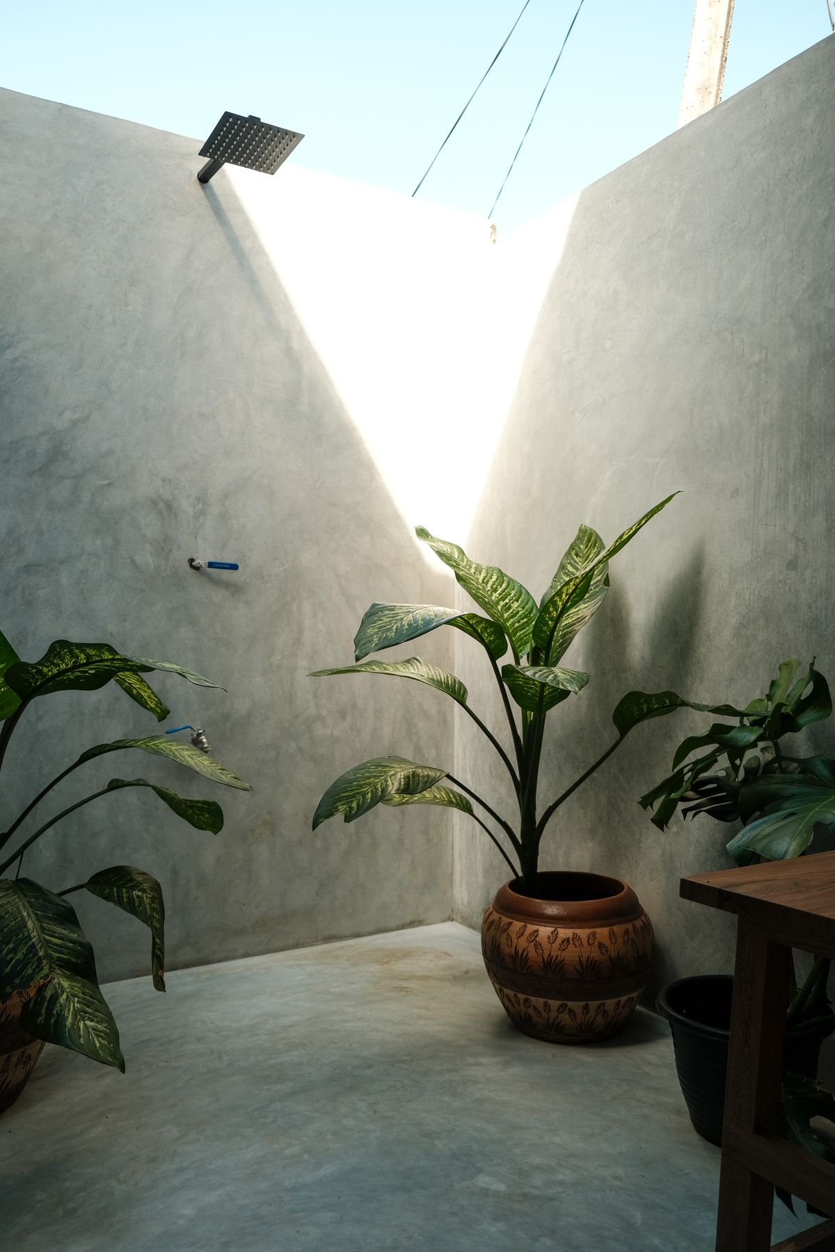 Concrete outdoor shower with plants in clay pots, light from above